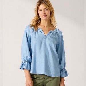 Tommy Bahama Chambray Blue Peasant Blouse Boho Coastal Top Large